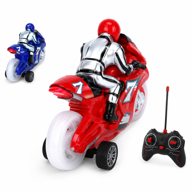 4-in-1 ferngesteuertes Motorradspielzeug mit hellen Radlichtern, Musik und Ständer, Rot und Blau gemischt, 1er-Pack