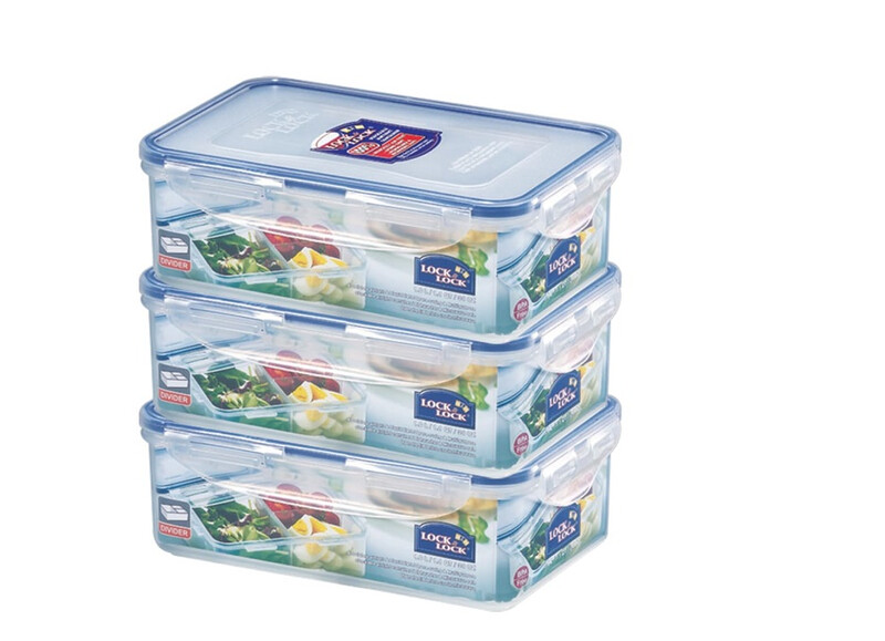 LocknLock Kunststoff-Frischhaltedosen 3er-Set – Je 1,4 L mit Trennwand, luftdichte & auslaufsichere quadratische Lunchboxen, BPA-frei, mikrowellengeeignet, gefriergeeignet & spülmaschinenfest