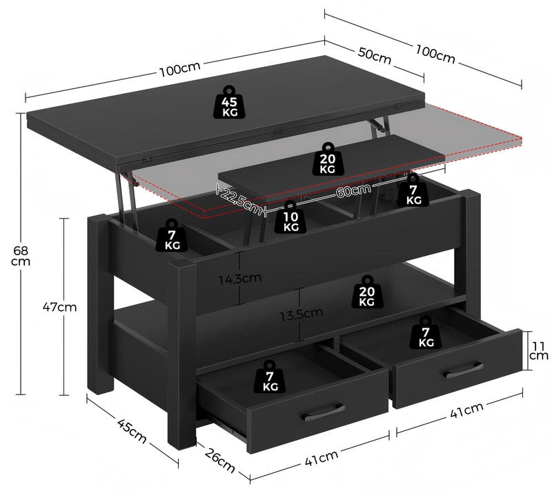 Mesa Centro Elevable, Mesa Salon con Cajón y Compartimento Oculto, Mesas Elevables Mo