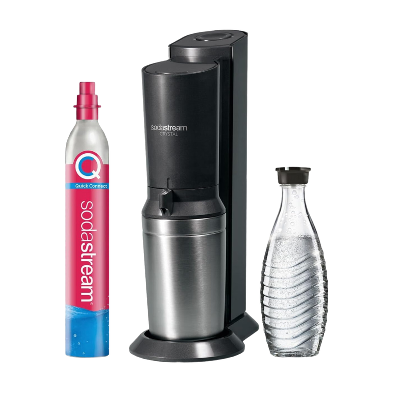 SodaStream Crystal 3.0 Wassersprudler mit Schnellkupplung und CO2‑Zylinder, 1x Glaskanne, Silber, Schwarz/Titanium, 45 cm