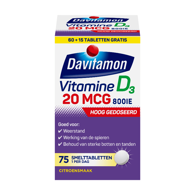 Davitamon Vitamine D3 20 mcg, 60+15 Gratis 75 Stuks