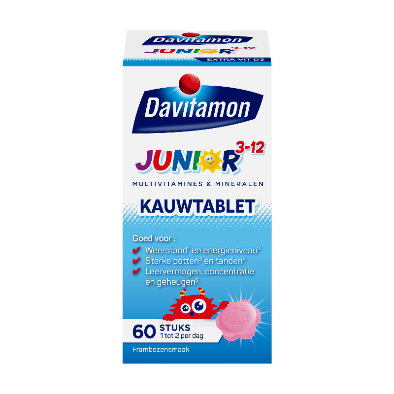Davitamon Junior 3+ Multivitamines – contribue au fonctionnement du système immunitaire et au maintien d’une ossature normale – 60 comprimés à croquer à la framboise