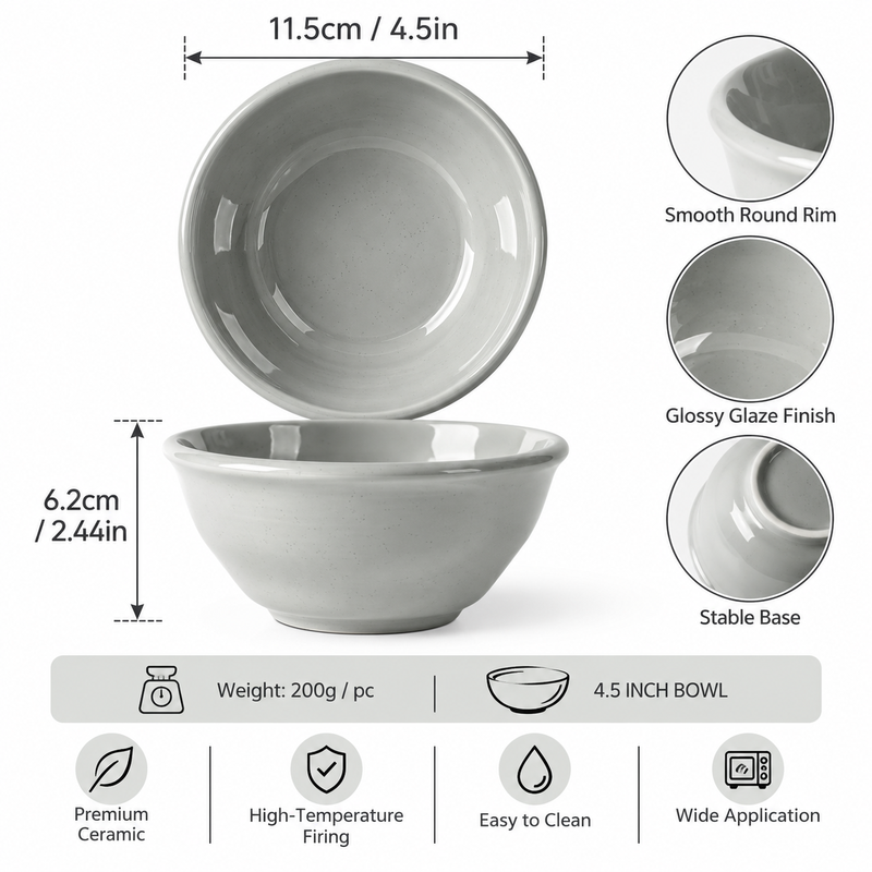 JIWOO Zen 4,5 Zoll glänzende elegante graue kleine Keramikschale (1 Stück); ideal als Reisschale, Dessertschale, Hotpot-Schale oder Dumpling-Schale