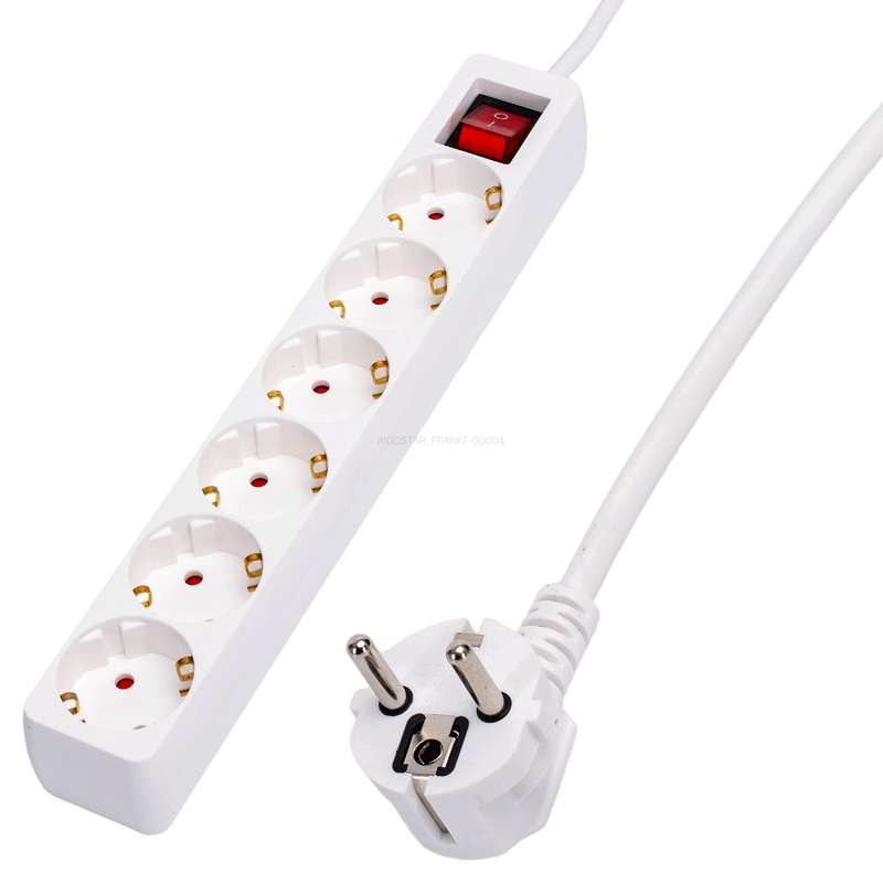 Steckdosenleiste mit Kabel/Deutsch 6-fach/3G1,0 mm²/1 m/Schalter mit Kontrollleuchte/Weiß/PP
