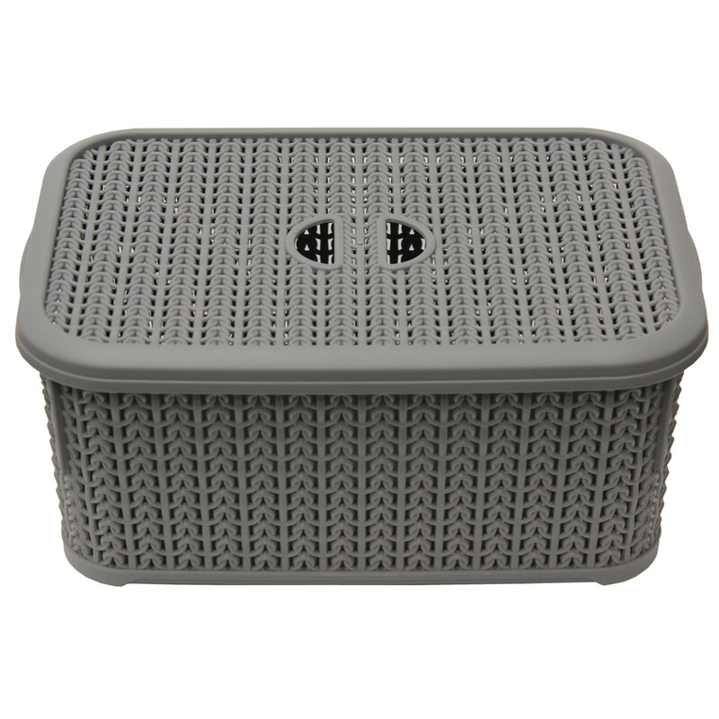Knit Design Loop Plastic Lidded Rectangular Storage Basket with Handles – Grey