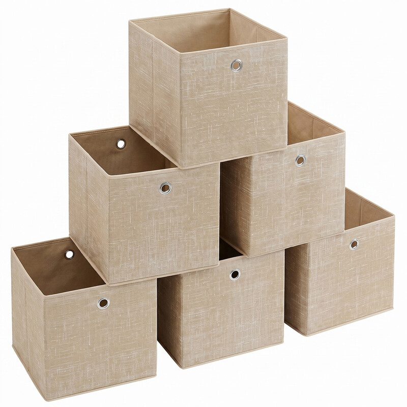 JOYFURNOS Light Khaki Fabric Storage Cubes – Set of 6 Foldable Boxes with Handles, 30 x 30 x 30 cm, Perfect for Cube Shelves – Non-Woven, Great for Clothes & Closet Organising