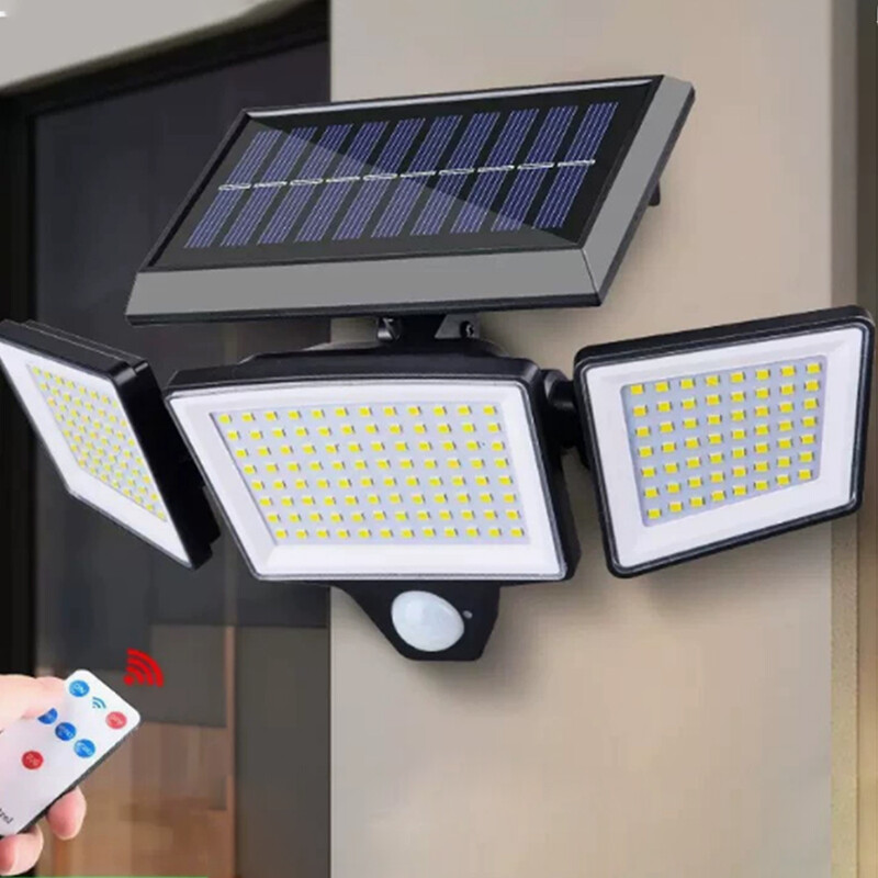UME Zonne-energie Buitenverlichting 302 LED 3000LM, IP65 Waterdicht Bewegingssensor Buitenlamp, 3-koppige Zonne-veiligheidsschijnwerper 270° Brede Verlichtingshoek met 3 Modi voor Tuin, Terras, Erf