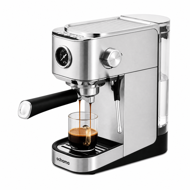 Ochama Halbautomatische Espressomaschine, 20Bar Hochdruckextraktion, 0,9 L Abnehmbarer Wassertank, Tassenwärmfunktion, Ganzmetall-Edelstahlgehäuse mit Manometer, Dampf-Milchaufschäumer