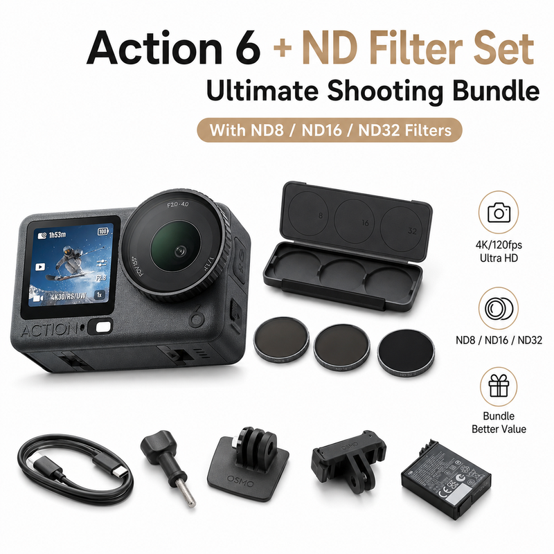 DJI Osmo Action 6 Standard Combo + Action 6 ND-Filter-Set - 8K wasserdichte Action-Kamera, 4K/120 fps Video, RockSteady 3.0, HorizonSteady, ND8/ND16/ND32 Filter, Action-Kamera-Bundle für Outdoor-Sport, Reisen & Content-Erstellung
