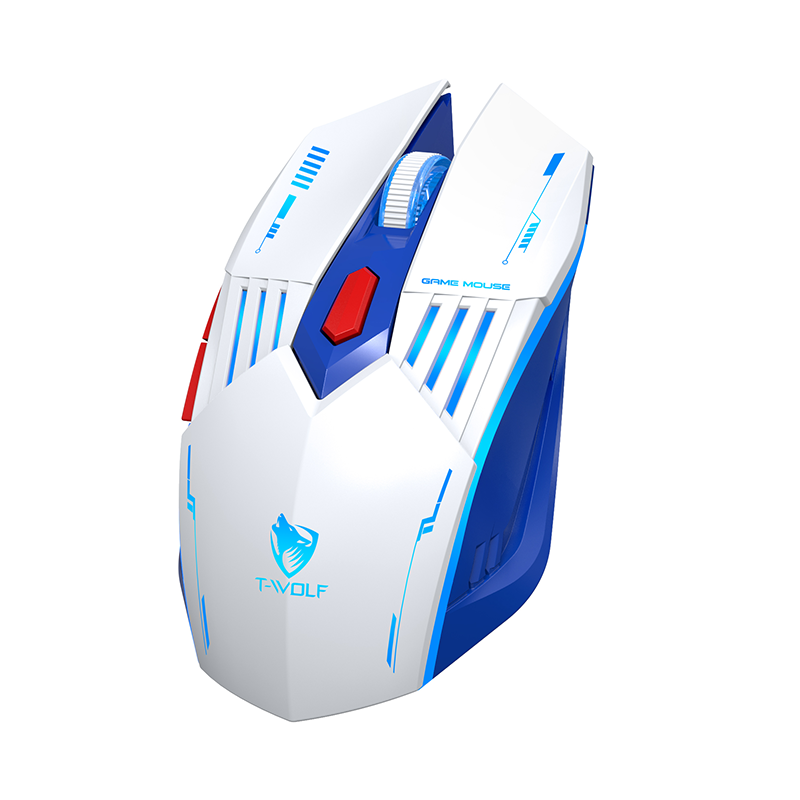 Rexsun Tri-Mode Gaming Muis– 6D Knoppen, 2.4G + Bluetooth + Bedraad, Instelbare DPI 800–3600, Type-C Opladen, RGB Breathing Light, 300mAh Batterij, Wit&Blauw, X7