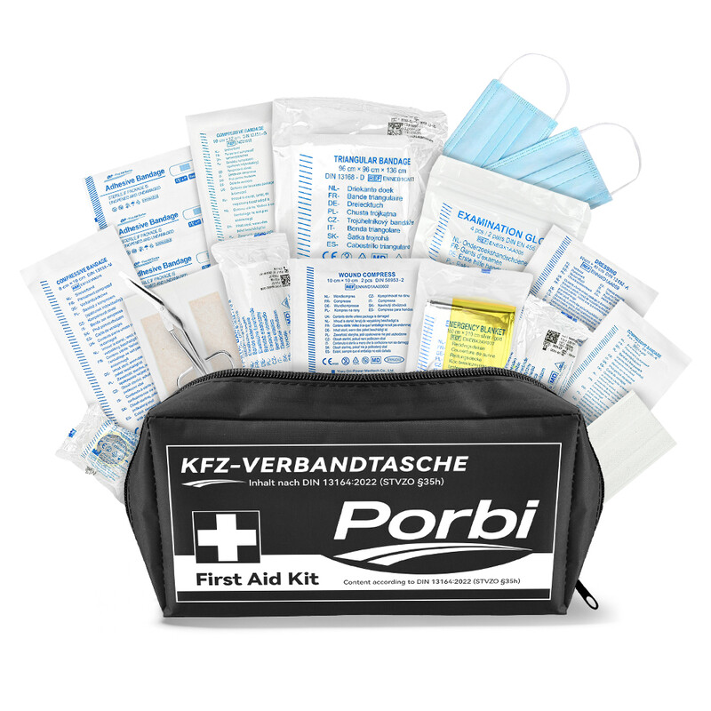 Porbi Trousse de Premiers Secours Voiture Conforme DIN 13164-Fournitures Médicales d'Urgence Complètes pour Véhicules, Voyages et Sécurité