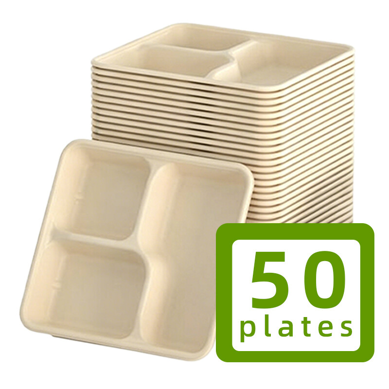 Compostabele papieren borden met 3 vakken, 50 stuks, duurzame trays van suikerrietvezel, 21,6 x 23,7 cm, oliebestendige wegwerp serveerschalen voor catering, buffet en take-out maaltijden