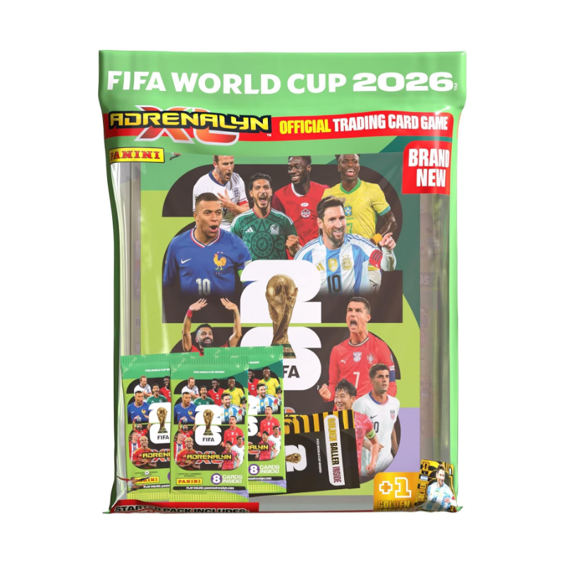 PANINI COUPE du MONde DE LA FIFA 2026 TRADING CARDS GAME Starter pack (1 classeur + 1 terrain de jeu + 1 magazine + 2 pochettes + 1 golden baller + 2 carte en Édition Limitée)