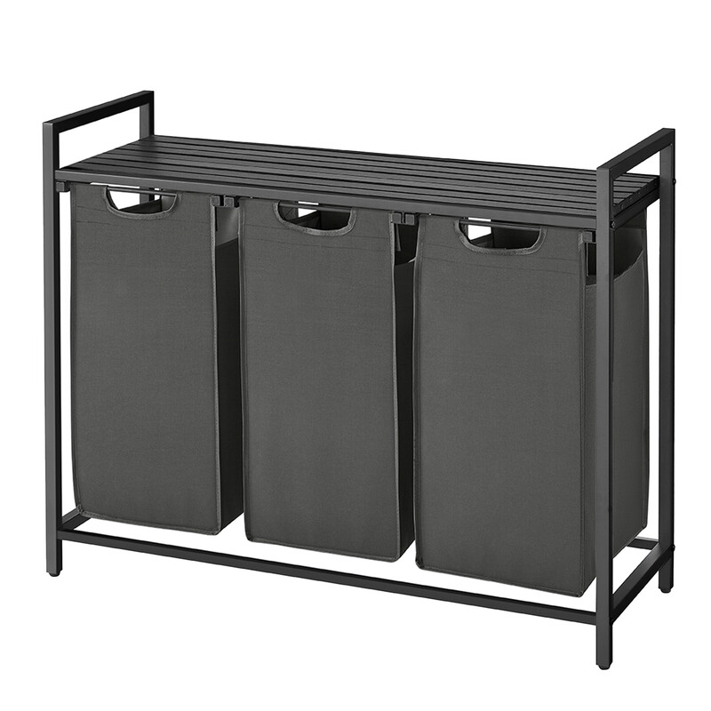 Ochama Laundry Basket, 3-Compartment Laundry Hamper, Pull-Out and Removable Liner Bags, Clothes Sorter, Shelf, Metal Frame, 3 x 40 L, 92.5 x 33 x 72 cm, Slate Grey and Charcoal Grey