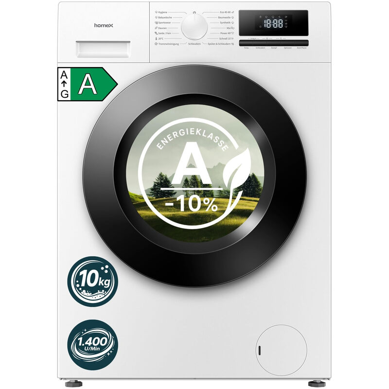homeX WF1014H1A-W Waschmaschine – 10 kg Frontlader, 1400 U/min, Energieklasse A -10 %, Dampffunktion, AquaStop, Inverter-Motor, 15 Programme, Leise 74 dB, Weiß