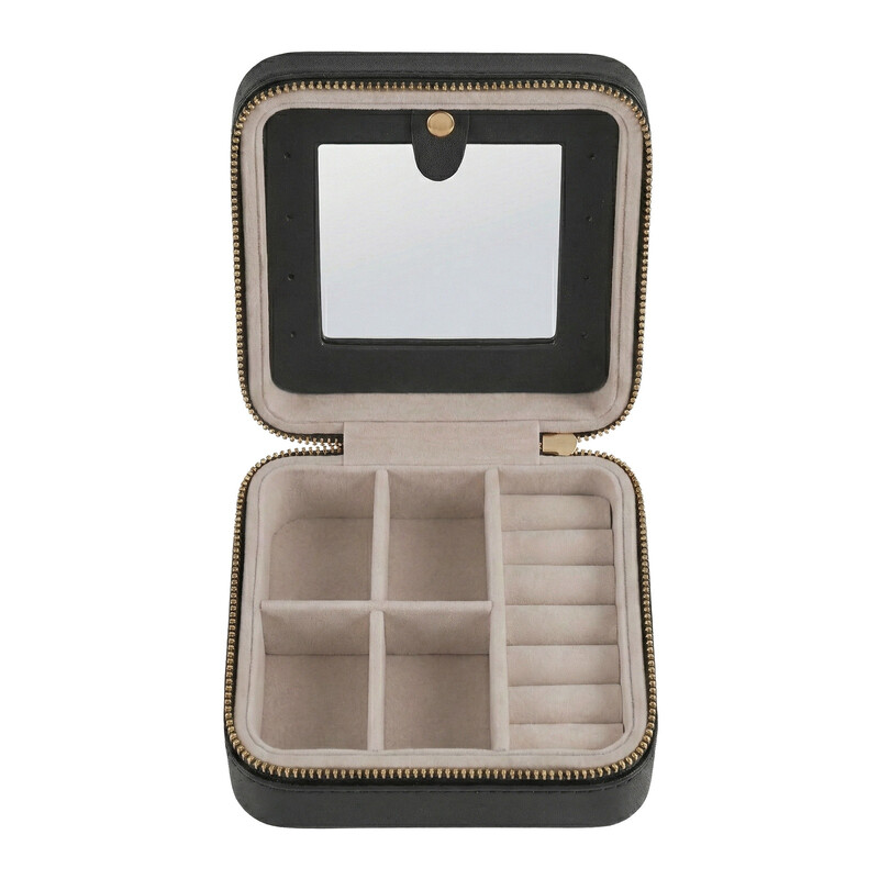 JOYFURNOS Travel Jewellery Box for Women, Small PU Leather Jewellery Organiser with Mirror, Portable Storage Case, Gift, Black
