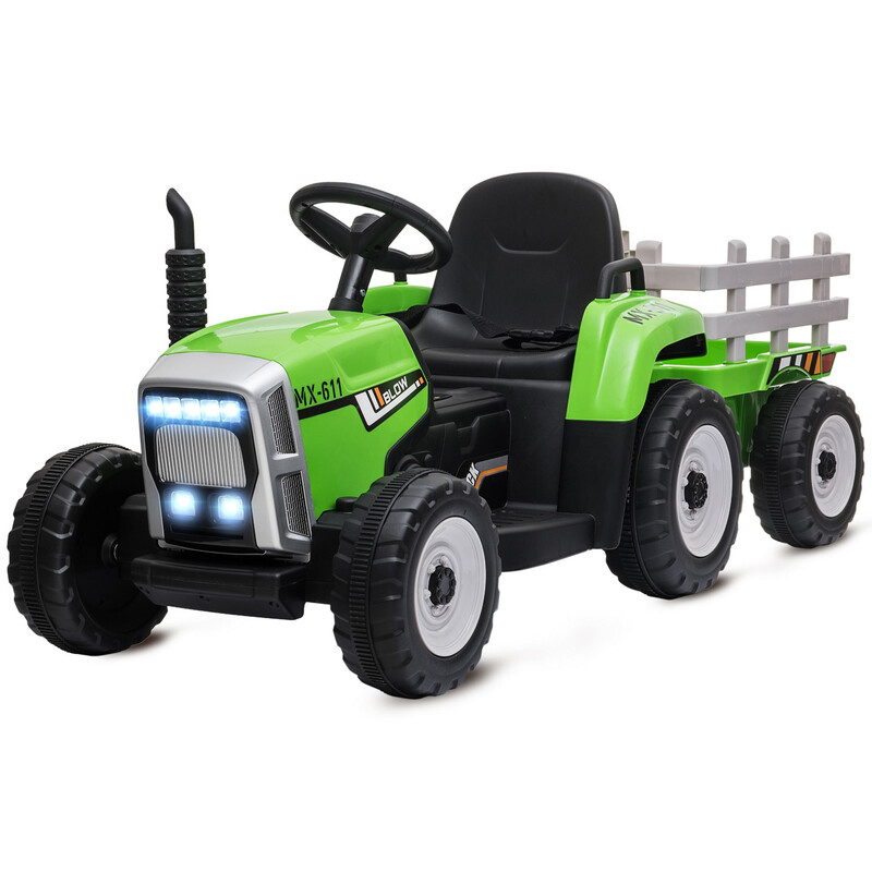 Homcom Green 370-281V70gn Kids Electric Car, 12V Electric Ride On Tractor And Trailer With Detachable Trailer Remote Control, Usb, Horn, Lights, Start-Up Sound, For Ages 3-6 Years,