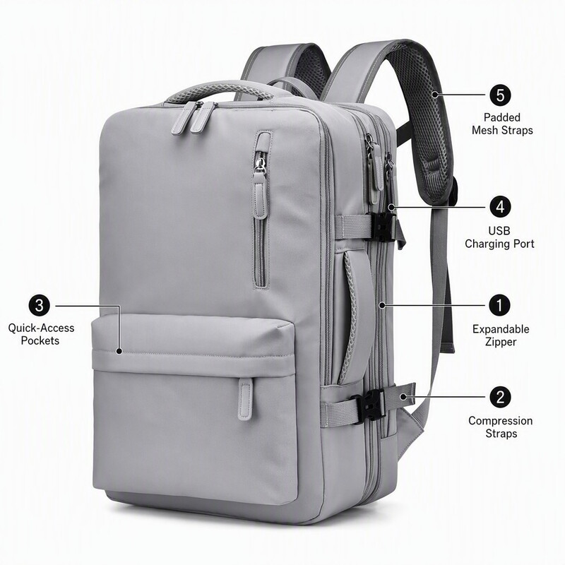 Uitbreidbare zakentas, waterbestendige 15,6 inch laptoprugzak met externe USB-oplaadpoort, casual dagtas met meerdere vakken voor