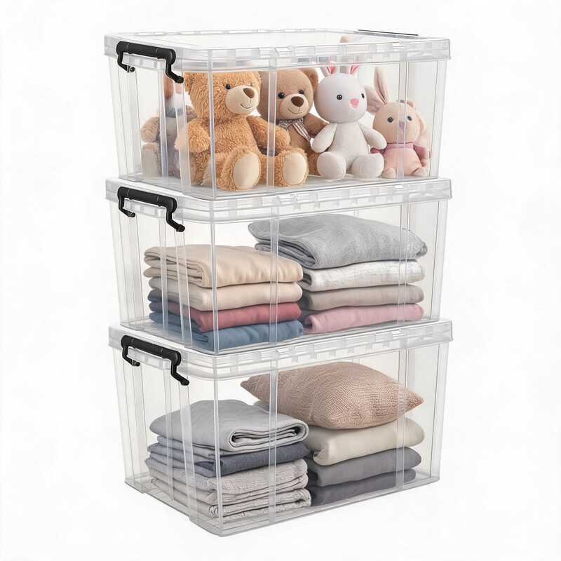SPACEXPERT Tragbare transparente rechteckige Kunststoff-Aufbewahrungsbox, verdickt, stapelbar mit Deckel, Haushalts-Organizer-Box, 45 L x 3, Größe: 51  37,5  31,5 cm