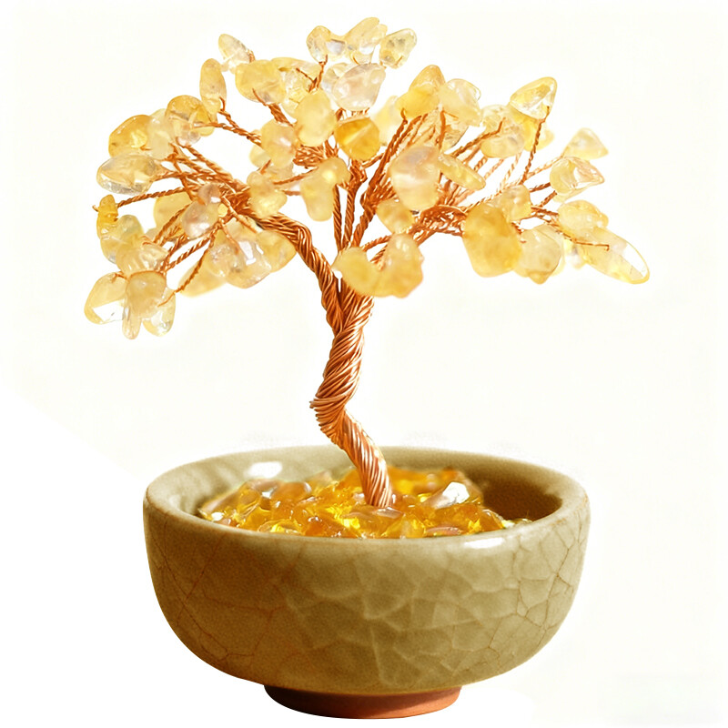 1PC Citrine Tree with Treasure Bowl Teacup: Natural Crystal Chip Money Tree, Wealth T