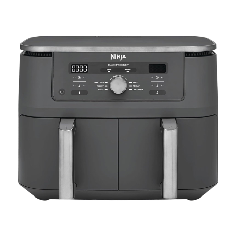 Ninja Dual Zone Digital Air Fryer, 2 Schubladen, 6-in-1, Heißluftfritteuse, 9,5 L, Heißluft-Frittieren, Max Crisp, Rösten, Backen, Aufwärmen, Spülmaschinenfeste Körbe, Metallic Grau DZ400EU