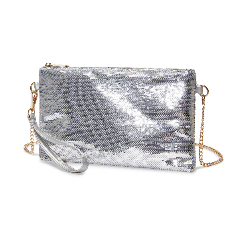Miss Lulu Glanzende Zilveren Sequin Avondtas Clutch Bruiloft Feestje - Met Afneembare Ketting & Polsband