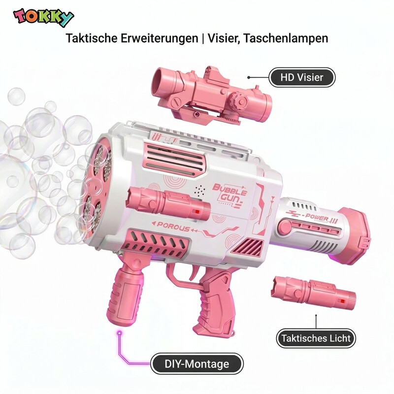 Tokky Pink Gatling Blasenpistole, 48-Loch automatische Blasenmaschine mit bunten LED-Leuchten, USB-wiederaufladbar & 360° auslaufsicheres Design, taktisches Aussehen Mädchen Spielzeug, geeignet für Hochzeiten, Partys, Geburtstagsgeschenke