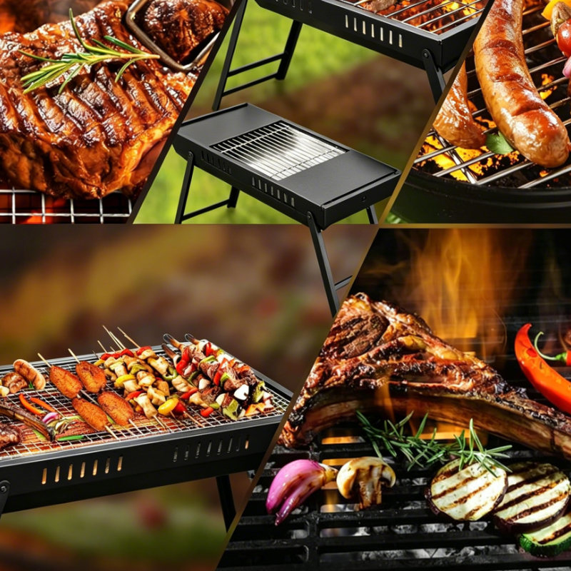 Faltbarer Holzkohlegrill mit doppelseitigem Tisch und Aufbewahrungsgitter, tragbarer Outdoor-Grill, 75 x 29,5 cm Grillfläche, 69 cm Höhe, für Garten, Camping & Picknick