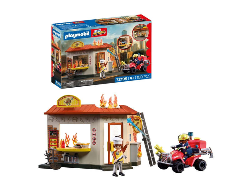 PLAYMOBIL Feuerwehr Quad mit Burger-Bude, einzigartiges Spielzeug-Set für kreative Rettungseinsätze mit Figuren