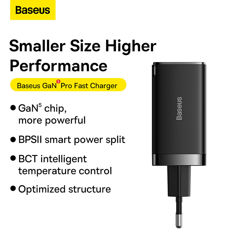 Baseus GaN5 Pro Snellader voor Reizen, Wandlader C+C+U, QC, AFC, PD 65W met Type-C naar Type-C-kabel (100W) 1m, Zwart EU