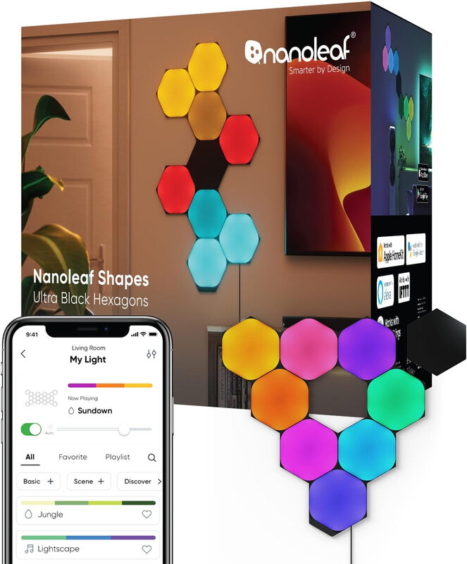 NANOLEAF Shapes Hexagon Starter-Kit, 9 LED Smart-Light-Panele - Dimmbare & modulare WLAN-Wand-Mood-Lights, Funktioniert mit Alexa Google Assistant Apple HomeKit, Für Hauszimmer-Dekoration oder Schreibtisch