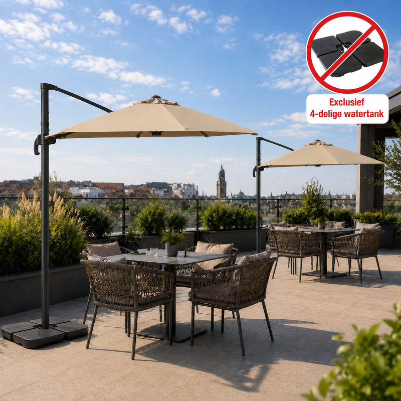 3 x 3 m Taupe Floating Parasol, Tilting Garden Parasol with 360° Foot Pedal Rotation, Aluminium Frame, 8 Aluminium Stibs, Water Repellent PU Coating, With Crank and Cross Base for Garden, Terrace and Balcony