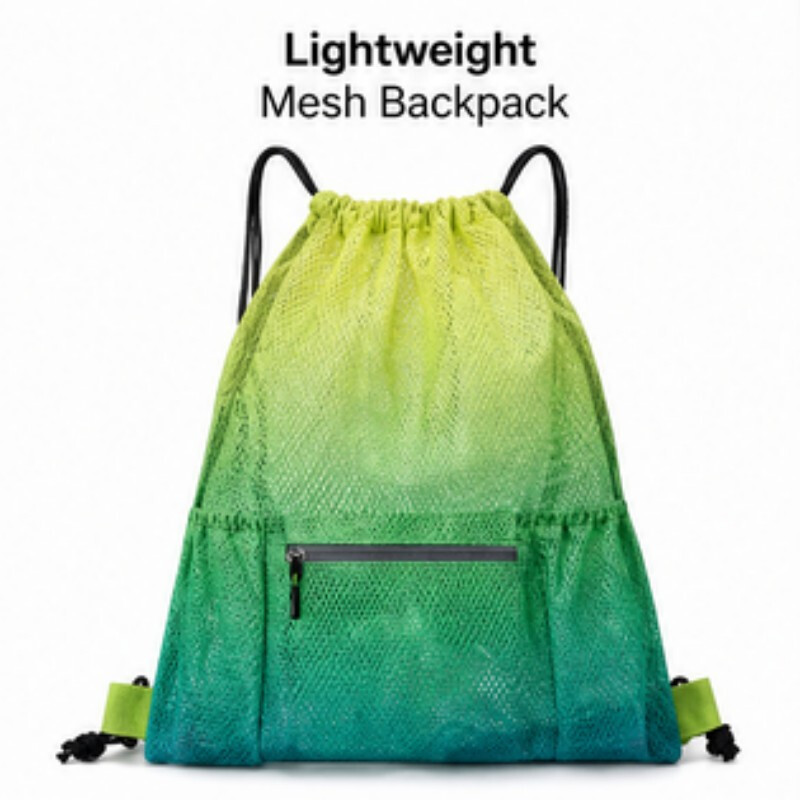 Meshes Drawstring Bag with Zipper Pocket Backpacks Outdoor Sports Fitness Bags Gym Equipment Storage Bag Enduring Mesh Sports Organizer, Gradient Green