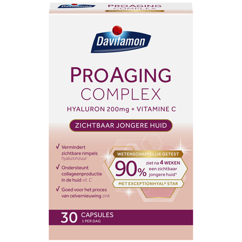 Davitamon ProAging Complex avec acide hyaluronique 200 mg – avec vitamine C pour la formation normale de collagène dans la peau – 30 capsules