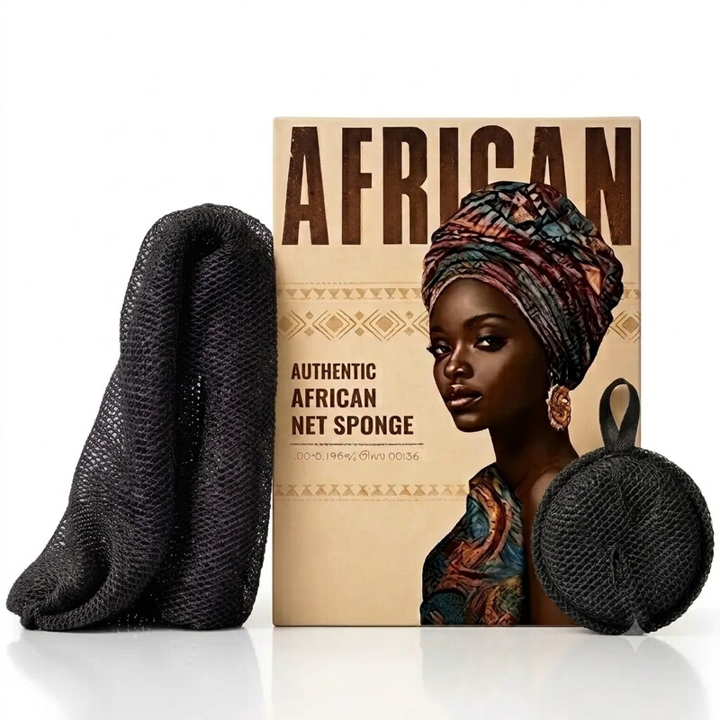 Soin personnel – éponge filet africaine 90g noir + noir avec corde