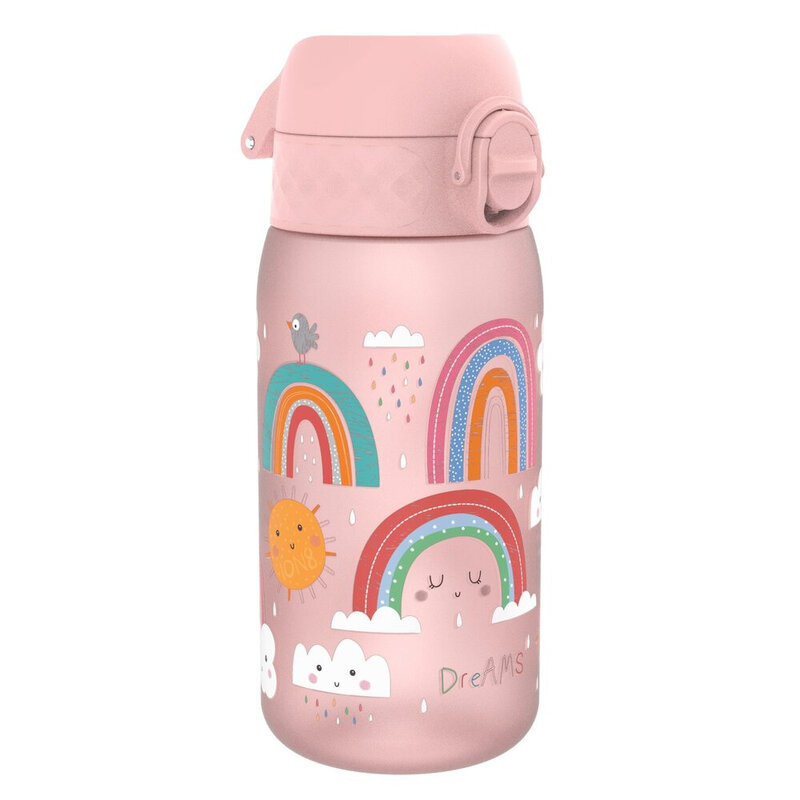 ION8 Waterflessen voor kinderen, 350 ml/12 oz, BPA-vrij, lekvrij, vaatwasserbestendig, eenvoudig te openen, veilige vergrendeling, waterfles voor kleine jongens en meisjes, drinkfles voor kinderen voor morsvrij drinken, lichtroze, regenboog