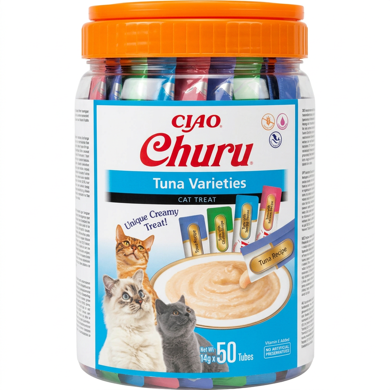 INABA Churu Katzenfutterbeutel mit Thunfischgeschmack, Großpackung (50 Beutel), Gewichtskontrolle, kalorienarm, Snack zur Flüssigkeitszufuhr