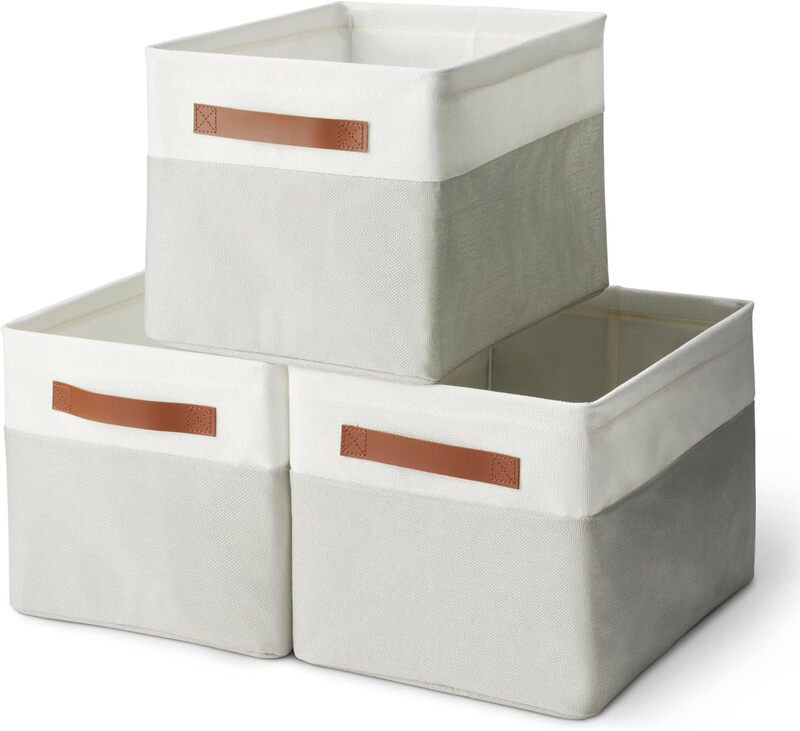 Collapsible Storage Bins with Leather Handles, Linen, Large, Pack of 3