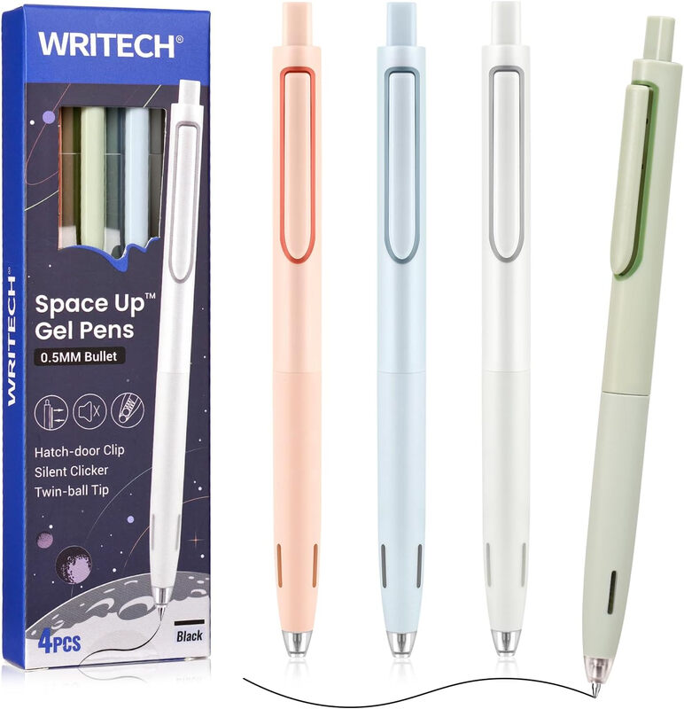 WRITECH Up-Gel gelpen met fijne punt (0,5 mm), intrekbare punt, zwarte inkt, soepel schrijven, stille klik, 4-pack, voor notitieboek