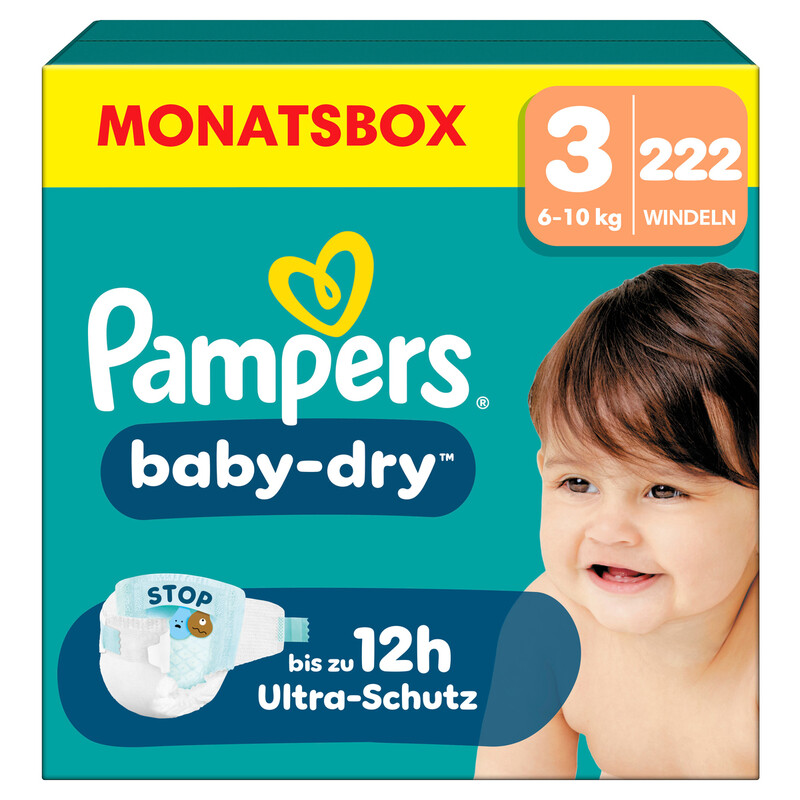 Pampers Baby-Dry Größe 3, 222 Windeln, 6Kg-10Kg, Bis Zu 100% Auslaufschutz & Komfort Die Ganze Nacht