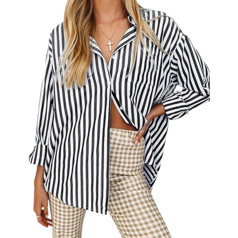 Women's Blouses Striped Long Sleeve Shirts Button Down Loose fit Casual Tops (black， 
