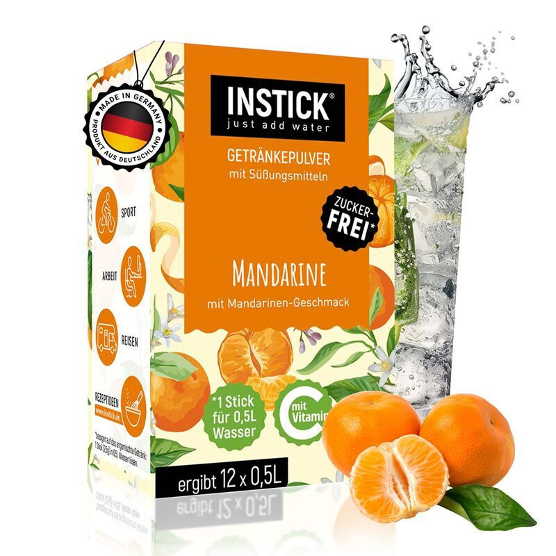 INSTICK Zuckerfreies Instant-Getränk (Mandarine) - 1 Packung für 12 x 0,5-1 L - Veganes Getränkepulver Kalorienarm & Vitamin C - Instant-Pulver