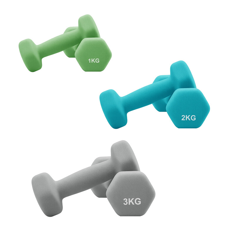 JOYFURNOSlimoengroen, blauwgroen en lichtgrijs set zeskantige dumbbells – inclusief standaard, 3 paar (1 kg, 2 kg, 3 kg), matte neopreencoating – ideale handgewichten voor thuisfitness