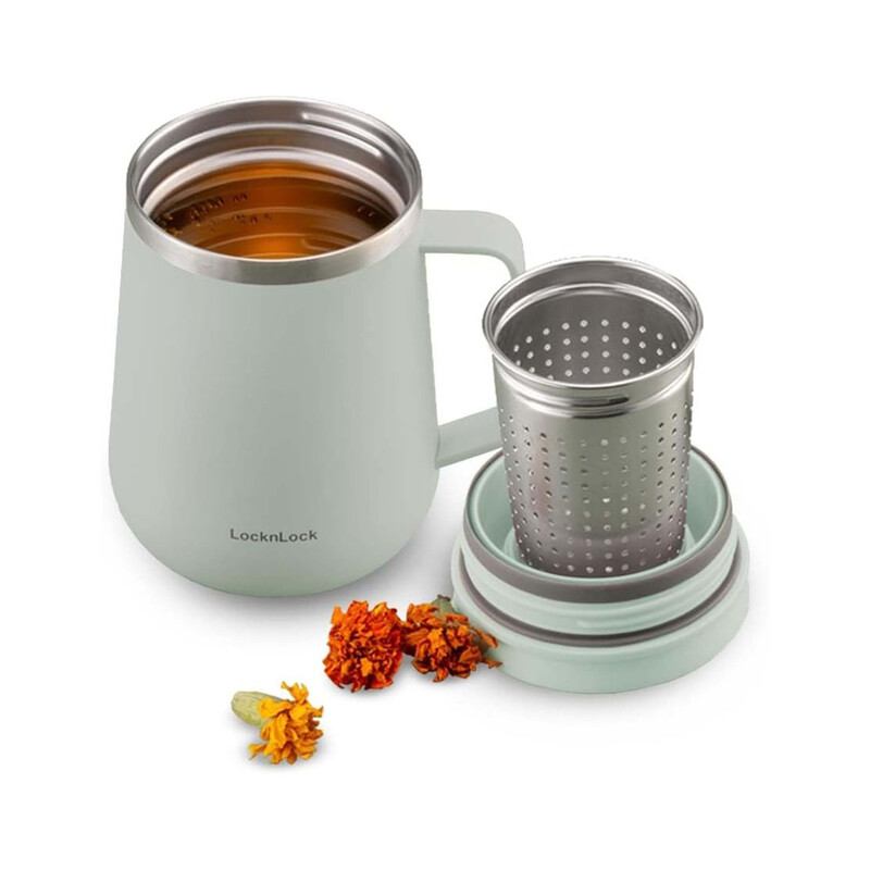 LocknLock Metro Teetasse 384 ml – Minzgrüner doppelwandiger vakuumisolierte Edelstahl-Travelbecher mit Teesieb, auslaufsicherem Deckel & Griff, Getränkebecher für Heiß-/Kaltgetränke für Kaffee & Tee