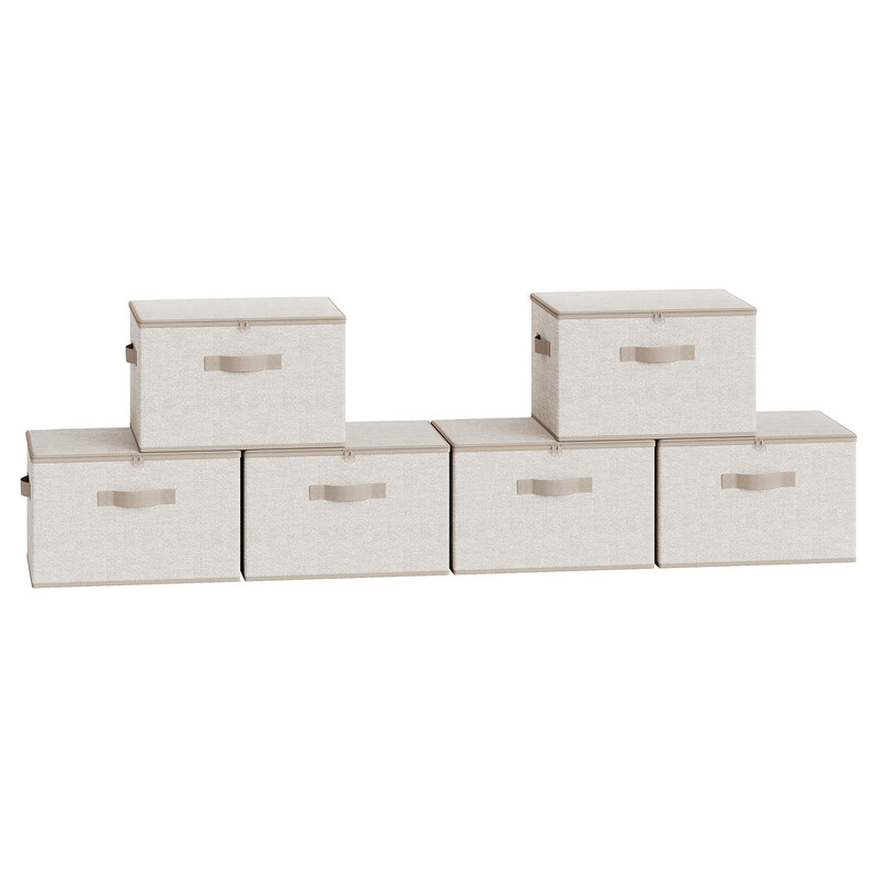 Ochama set van 6 opvouwbare opbergboxen met deksels en handvatten, non-woven kledingorganizer manden, 40 x 30 x 25 cm, beige
