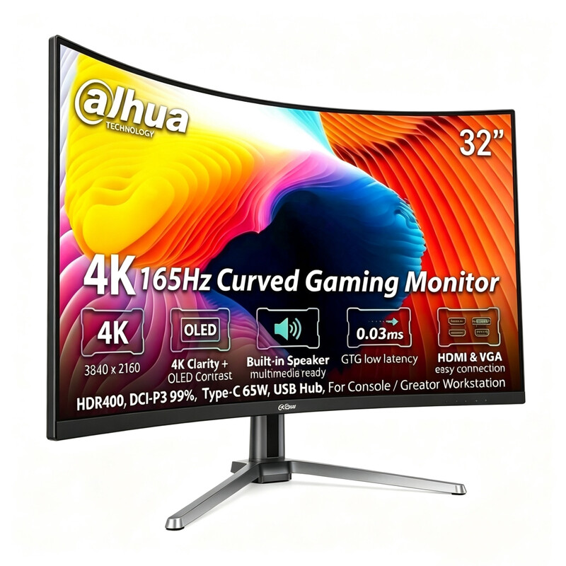 Dahua 32" 4K 165Hz Curved OLED Gaming Monitor, 4K OLED Gaming Monitor, 3840×2160, 165Hz, 0.03ms GTG, HDR400, DCI-P3 99%, Type-C 65W, USB Hub, 4K Clarity + OLED Contrast, For Console/Creator Workstation