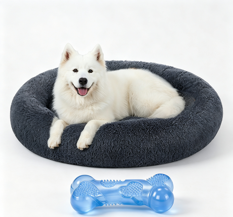 JOYFURNOS zacht pluche kalmerend hondenbenchbed met afneembare, machinewasbare hoes, donkergrijs, 120 x 20 cm en kraakbot speelgoed voor honden, blauw latex kauwspeelgoed voor huisdieren, interactief geluidsspeelgoed voor de gebitsgezondheid van puppy's