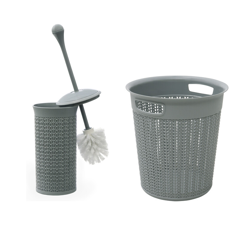 JVL Loop Toilet Brush & Round Bathroom Bin Set, Grey