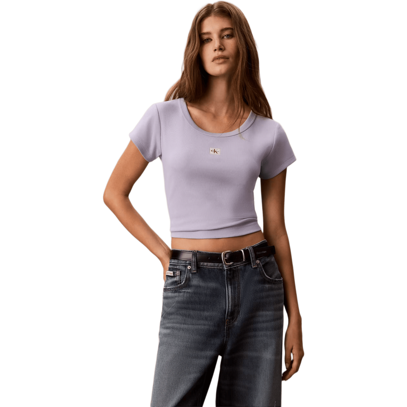 Calvin Klein Women's Woven Monologo Rib Baby Tee - Cosmic Sky