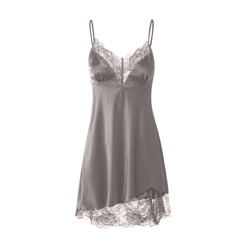 wide lace v-neck light grey silk-like suspender dress L